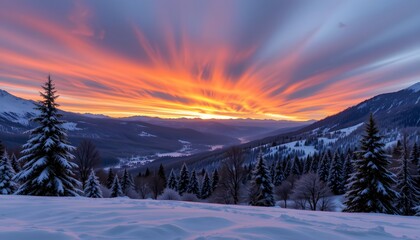Vibrant Sunset Over Snowy Mountain Valley with Dramatic Clouds and Serene Winter Landscape