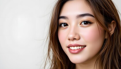 Obraz premium Close-Up Of A Young Woman With Natural Makeup And A Bright Smile Against A Neutral Background