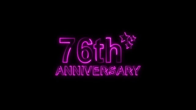 A vibrant purple neon sign illuminates a dark background, proudly displaying 76th anniversary with stylized glowing stars, symbolizing a significant twoyear milestone celebration or event with a moder