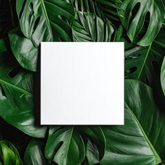 Blank square paper amidst lush green leaves
