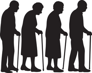 elderly people with walking sticks silhouette vector
