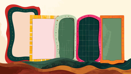 Colorful cartoon frames over stylized earth tones, varied fillings