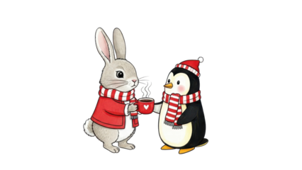 Cute hand-drawn rabbit and penguin friends sharing hot mugs in scarves, festive winter illustration isolated PNG with Transparent Background