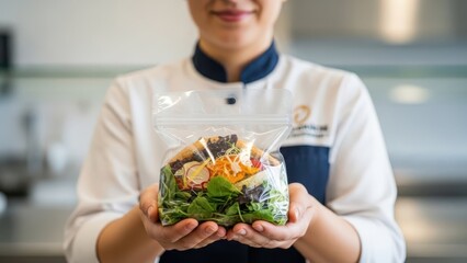 Chef Presenting Fresh Salad in Kitchen Setting.