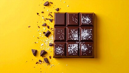 Chocolate bar with twelve square segments sprinkled with powdered sugar on bright yellow surface.