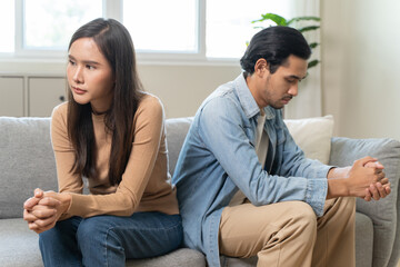 Breakup and depressed, asian young quarrel couple love fight relationship in trouble. Different people are emotion angry. Argue wife has expression upset with husband. Problem of family people.