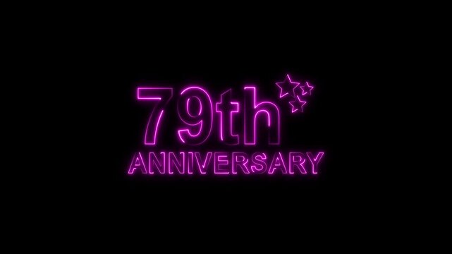 A vibrant purple neon sign illuminates a dark background, proudly displaying 79th anniversary with stylized glowing stars, symbolizing a significant twoyear milestone celebration or event with a moder