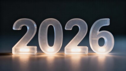 Illuminated numerals depicting the year twenty twenty six glow softly in a dark setting