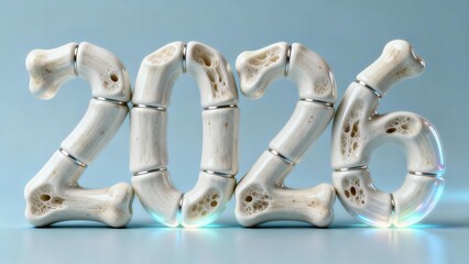 Three dimensional numerals constructed from organic bone texture and metallic rings signify the year 2026