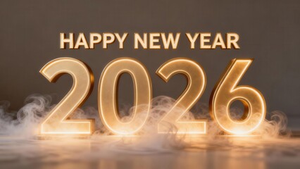 Glowing golden numerals indicating the year two thousand twenty six surrounded by low-lying mist