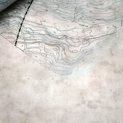 textured stylish old paper background, square,  with Topographic maps on tracing paper rolled up into a tube