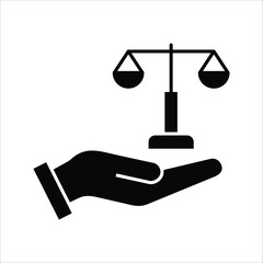 Hand holding a balance scale icon representing justice, law, equality, and ethical principles, symbolizing fairness and legal support