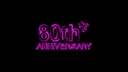 A vibrant purple neon sign illuminates a dark background, proudly displaying 80th anniversary with stylized glowing stars, symbolizing a significant twoyear milestone celebration or event with a moder