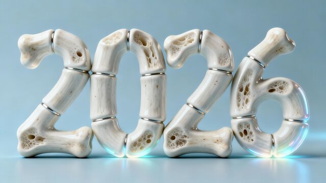 Three dimensional numerals constructed from organic bone texture and metallic rings signify the year 2026