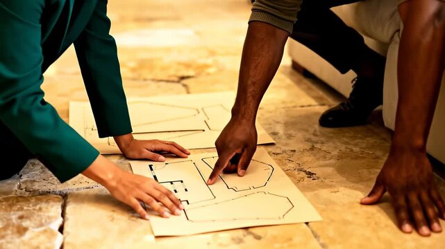 Fashion designers arranging sewing patterns on the floor in a modern studio, discussing a new project together