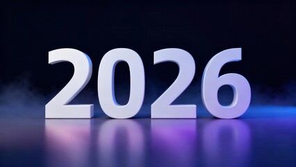 Bold white three dimensional numerals display the year twenty twenty six illuminated by dramatic lighting