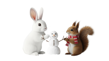 Cute White Rabbit and Brown Squirrel Building Small Snowman in Winter isolated PNG with Transparent Background