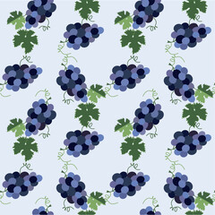 Grape seamles pattern. Bunch of blue grapes with leaves flat design illustration for web, for print design element object, for product design, for wrapping paper