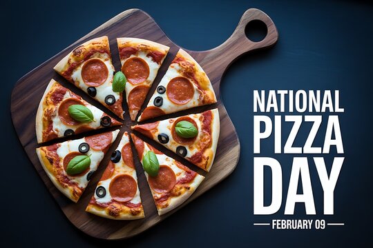 Delicious pepperoni pizza with basil and olives for national pizza day celebration - Powered by Adobe