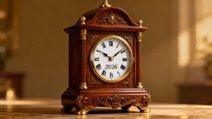 Ornate wooden mantle clock displays the year two thousand twenty-six on its face