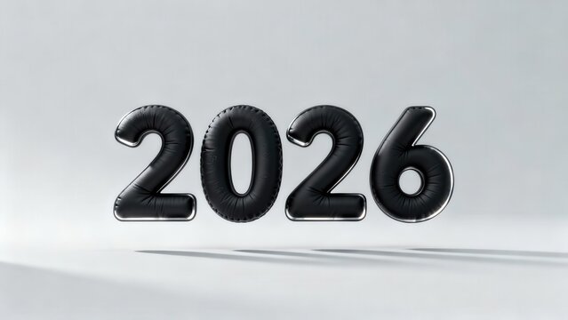 Year inscription rendered as floating, black, padded figures above a pale floor