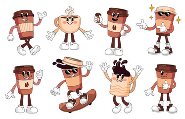 Fototapeta premium Cartoon coffee cup and mug characters set. Hot drink paper cup to go takeaway with funny face, coffee shop cafe retro mascots vector illustration