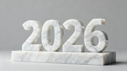 Three dimensional numerals representing the year twenty twenty six carved from white marble