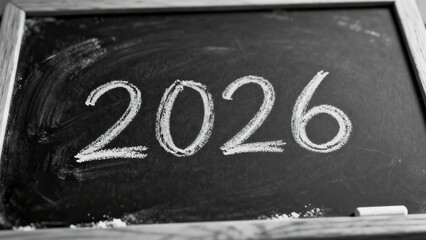 The year two thousand twenty six written in chalk on a dark classroom board