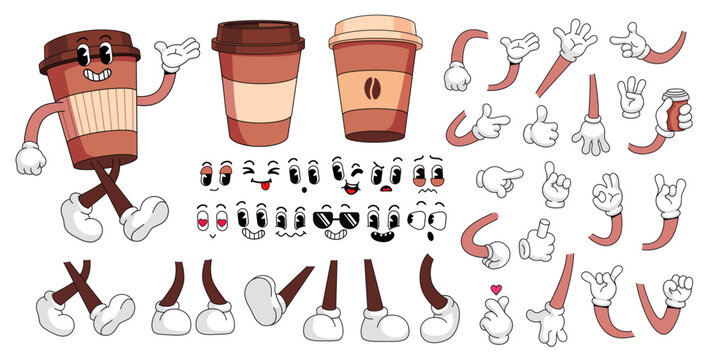 Retro cartoon coffee to go character сonstruction kit with faces, hands in gloves gesture and legs poses. Cool coffee shop mascot hot drink cafe logo, groovy vector set