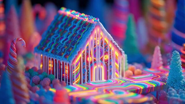 Vivid Cinematic View of a Slowly Melting Gingerbread House Illuminated by Vibrant Neon Colors, Dripping Sugary Details, Glowing Candy Accents and Dreamlike Fantasy Atmosphere Full of Whimsy and Magic