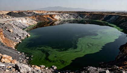A polluted toxic lake caused by rare earth mining waste, highlighting the devastating environmental impact of industrial pollution.