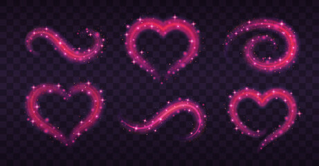 Realistic pink love glow magic trail with sparkles and dust. Valentines day decoration and frames, heart shaped blur vector illustrations set
