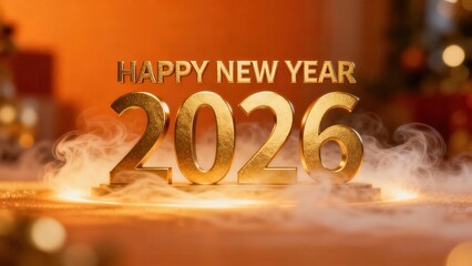Three dimensional golden numerals display the upcoming year against a warm glowing background