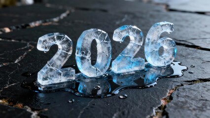 Crystalline numbers representing the year two thousand twenty-six are partially melting on a dark textured surface