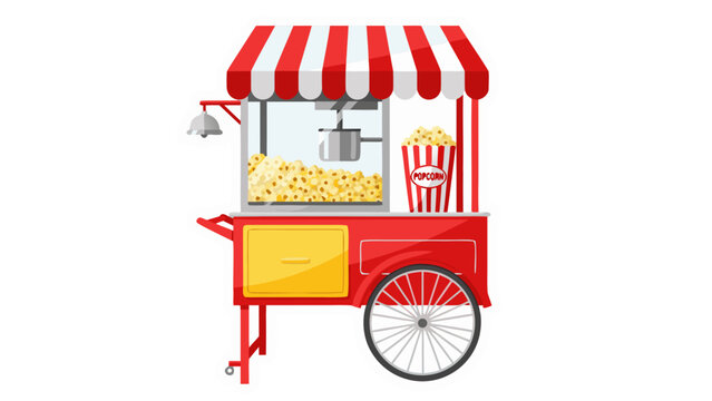 Vintage Red Popcorn Cart with Striped Awning and Freshly Popped Corn Ready to Serve Outdoor Event Concession Stand Fun Fair Treat Snack Machine Classic Design