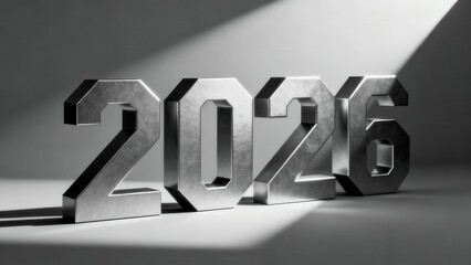Three dimensional metallic numerals signify the year twenty twenty six in dramatic lighting