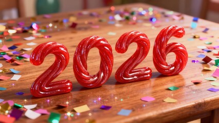 Brightly colored candied numerals spelling out the year 2026 rest on a wooden surface scattered with confetti