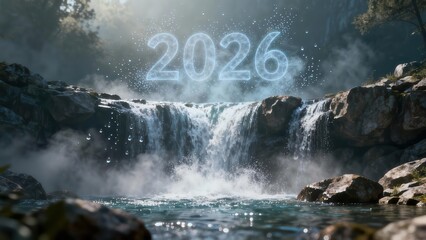 Glowing digital numbers indicating the year two thousand twenty six hover above a powerful waterfall in a lush, misty forest setting