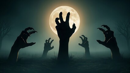 Spooky zombie hands rising from the grave in foggy night under a full moon. Horror, Halloween, nightmare, undead, monster, creepy theme