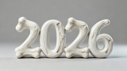 Three dimensional numerals spelling the year two thousand twenty six sculpted from material resembling bone