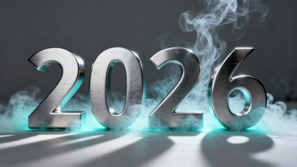 Metallic three dimensional numerals displaying the year two thousand twenty six emerge from cool vapor
