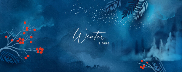 Christmas and Happy New Year vector illustration with distant forest and natural winter design elements. Silhouettes of trees, branches and berries on abstract watercolor background. Winter season 