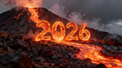 Fiery numerals denoting the year two thousand twenty-six emerge from an erupting volcanic landscape