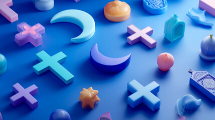 3D illustration of multiple icons representing different religious symbols