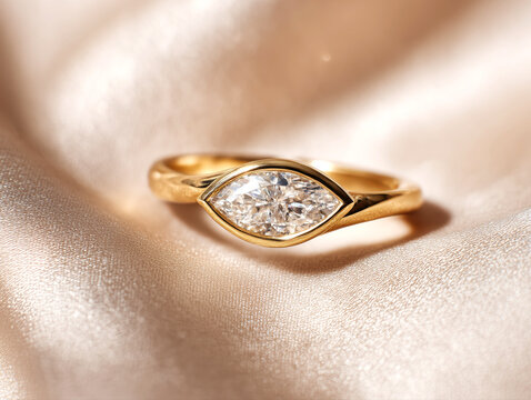 Gold ring with marquise diamond engagement proposal concept