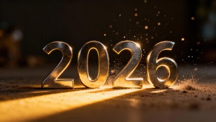 Metallic numbers representing the year two thousand twenty six rest on a surface with dramatic lighting