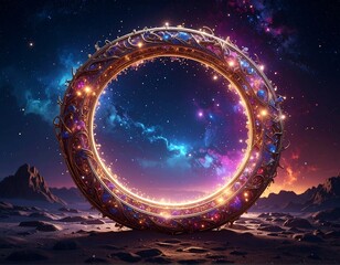 A glowing, ornate portal ring frames a nebula in a cosmic landscape