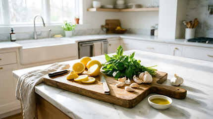 Fresh ingredients for cooking on a wooden cutting board in a bright, modern kitchen with white countertops.