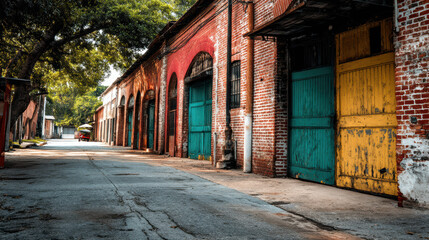 A colorful and weathered brick building lines a narrow street with closed arched doorways and painted wooden doors in an old industrial neighborhood setting.