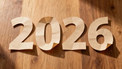 Four digits representing the year twenty twenty six are cut from crumpled paper and set on a wooden surface